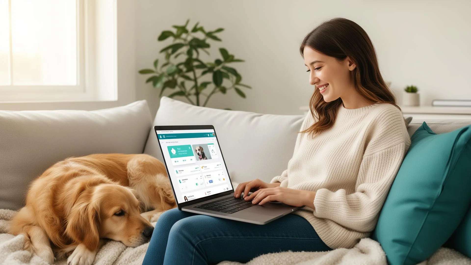 Smiling pet parent using PetVitale on a laptop while sitting with her golden retriever on the couch