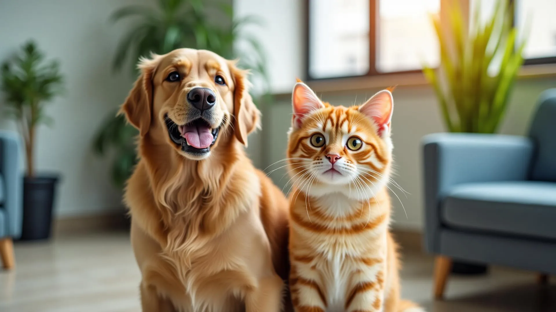 Pet parent with their golden retriever in a modern, welcoming environment