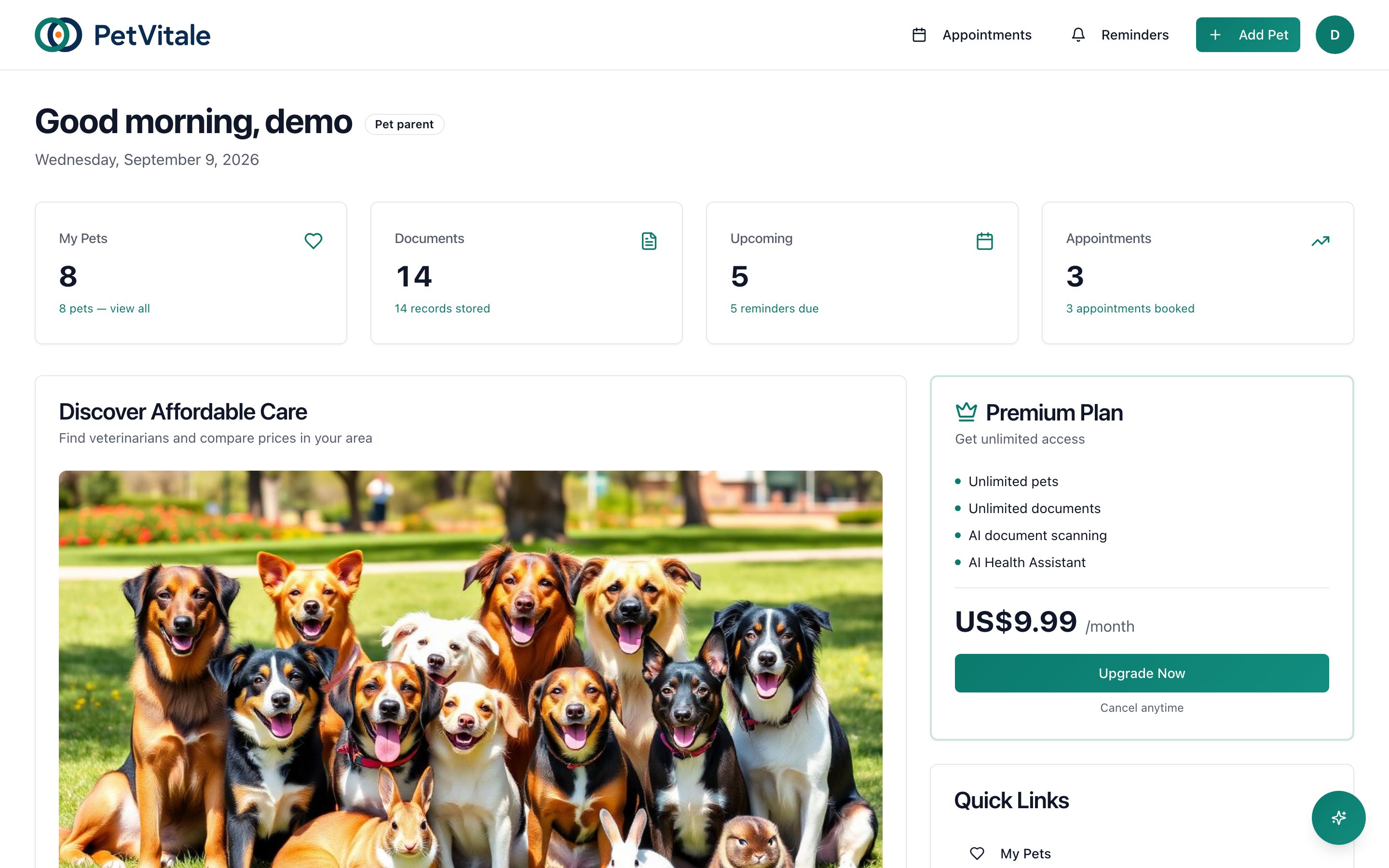 The PetVitale dashboard showing counts for pets, documents, upcoming reminders and appointments, above sections for finding affordable care and the current plan.