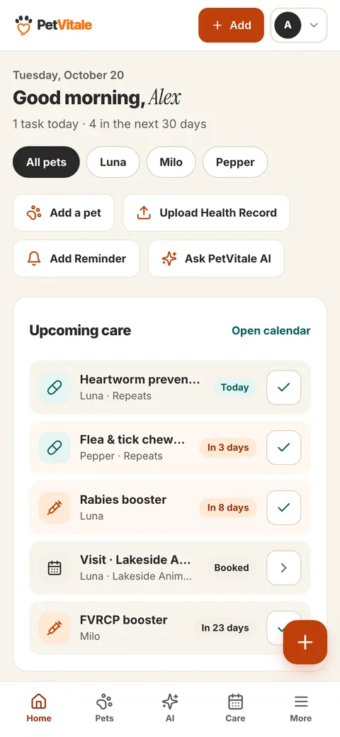 The PetVitale dashboard: today's care, upcoming vaccines and medications for three pets, and a vet invoice waiting for review